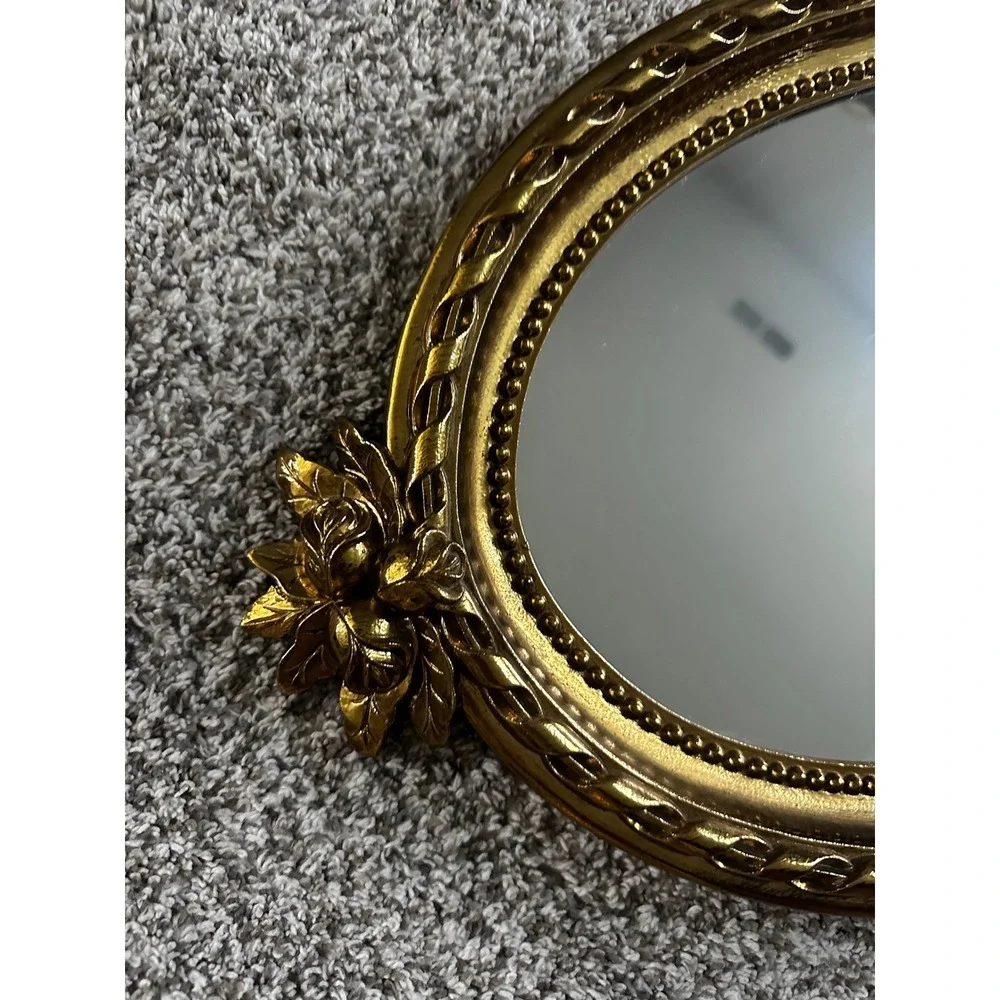 Vintage Ornate Gold Oval Wall Mirror Floral Bow Ribbon French Regency Style 14in